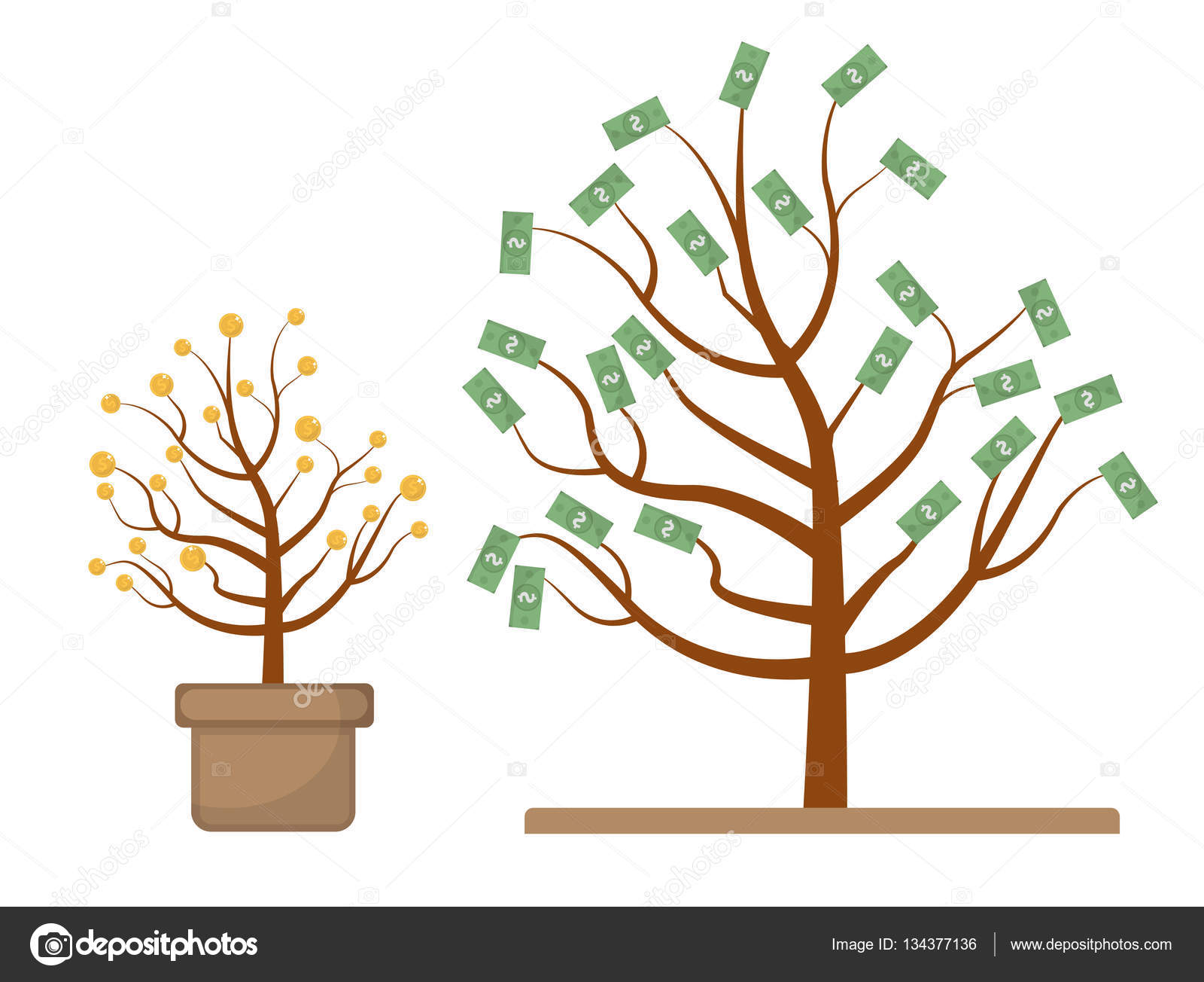 Tree with money. Coins and dollars. Evolution, growth, progressive.