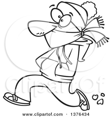 Clipart of a Cartoon Black and White Man Bundled up and Running in.