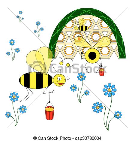 Vector Clipart of Funny bees collect nectar from flowers and carry.