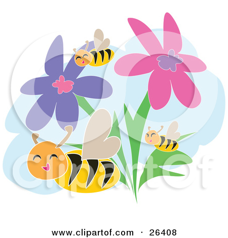 Clipart Illustration of Three Happy Bees Collecting Pollen From.