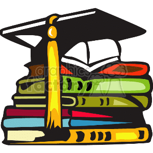 Stack of books with a graduation cap sitting on them clipart. Royalty.