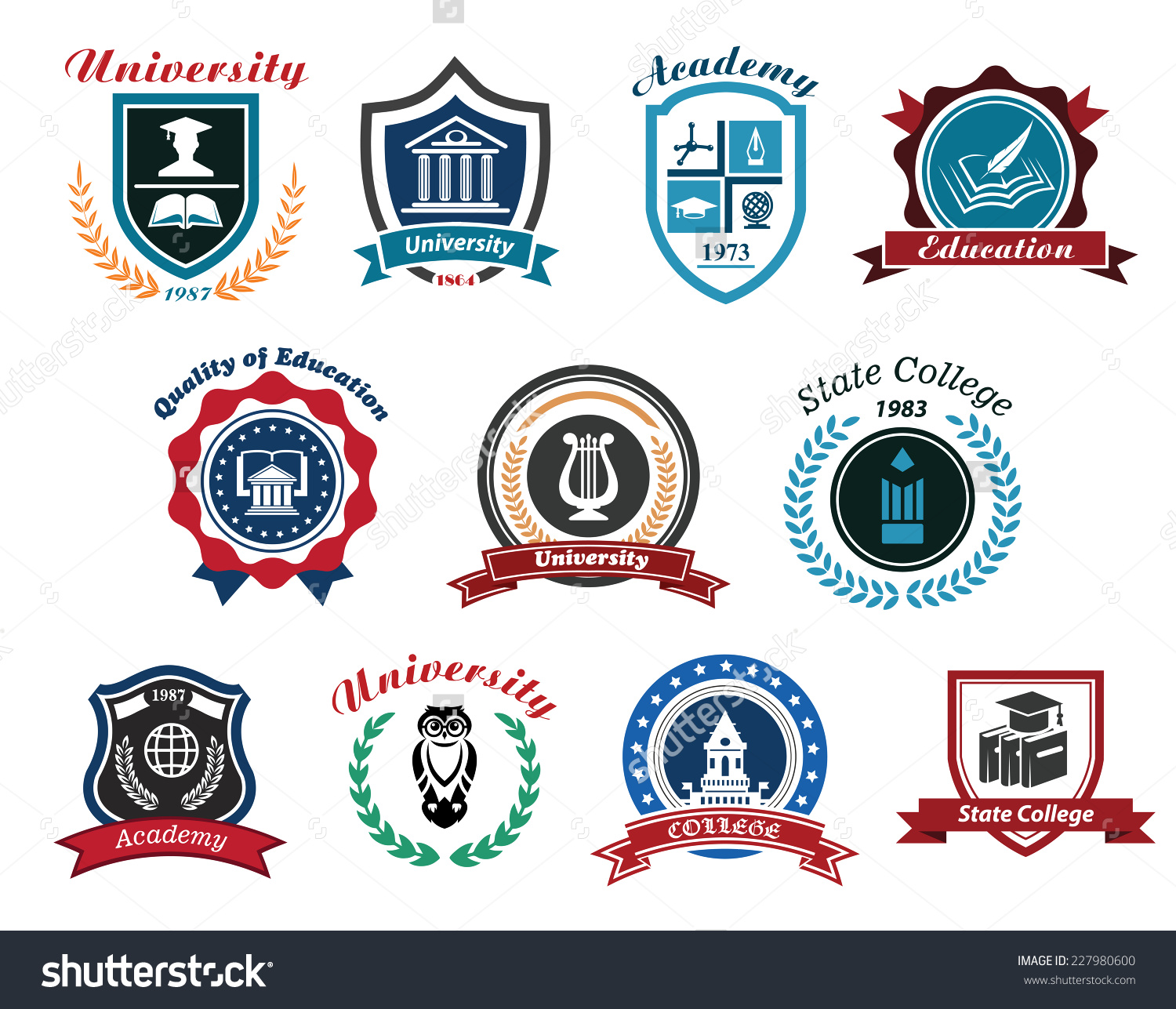 University Academy College Emblems Logos Set Stock Vector.