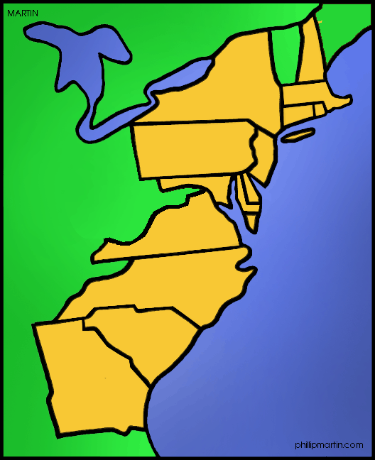 Maps & Geography Illustration for 13 Colonies.