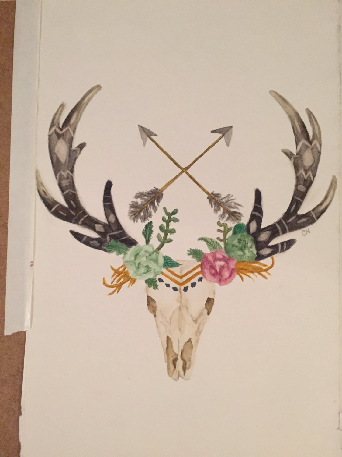 Deer Skull with Arrows and Flowers Watercolor, Deer, Skull, Arrows.