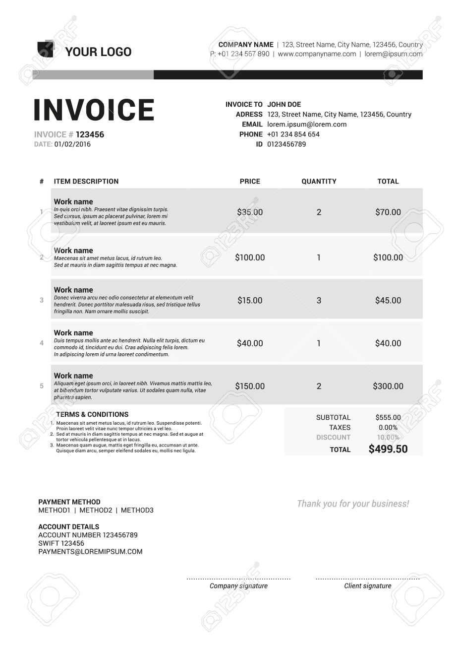 Vector Invoice Form Template Design. Vector Illustration.