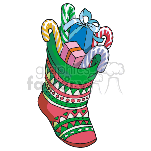 Colorful Christmas Stocking Filled with Presants and Candy Canes clipart.  Royalty.