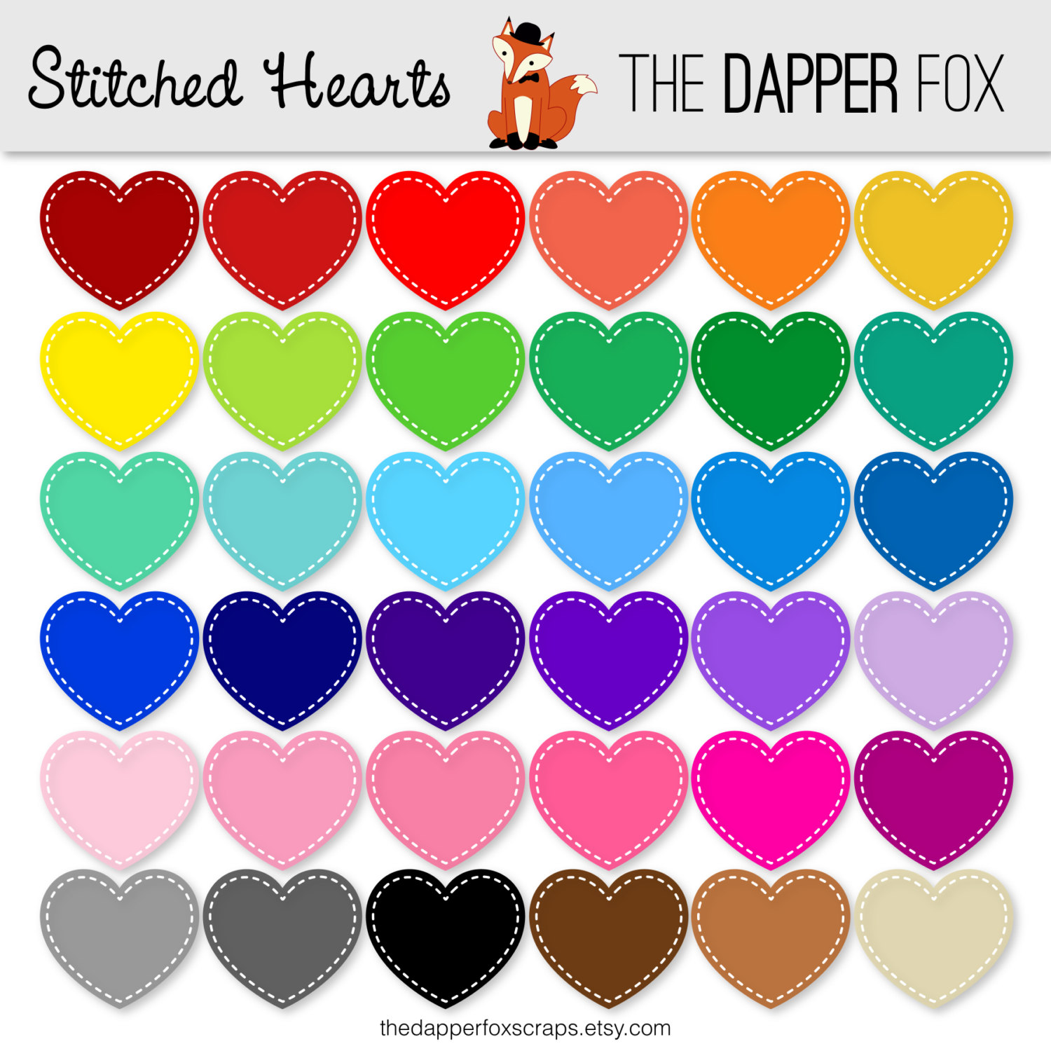 Rainbow Stitched Hearts Digital Clipart Clip Art.