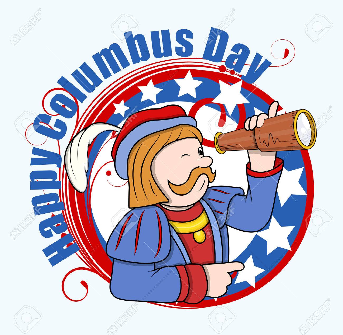 Cartoon Man with Telescope Columbus Day Graphic Banner Vector.