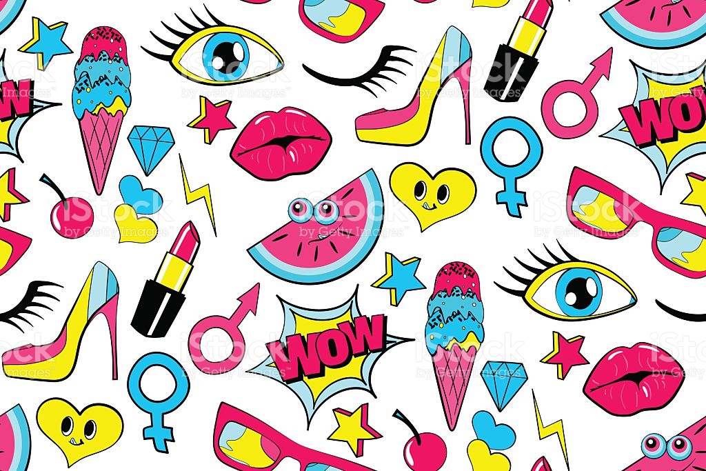 Seamless Pattern Of Fashion Patch Badges Stickers Cartoon Comic.