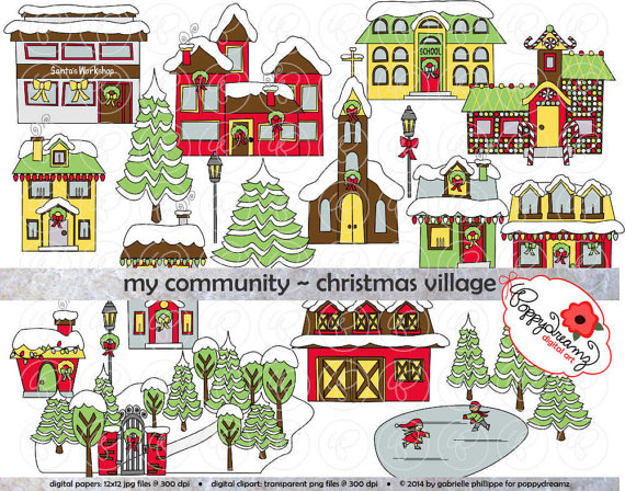 My Community Christmas Village Clipart: (300 dpi transparent.