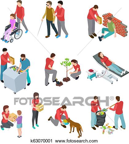 Volunteers isometric set. People caring homeless and diseased elderly.  Social community service, charity humanitarian vector concept Clipart.