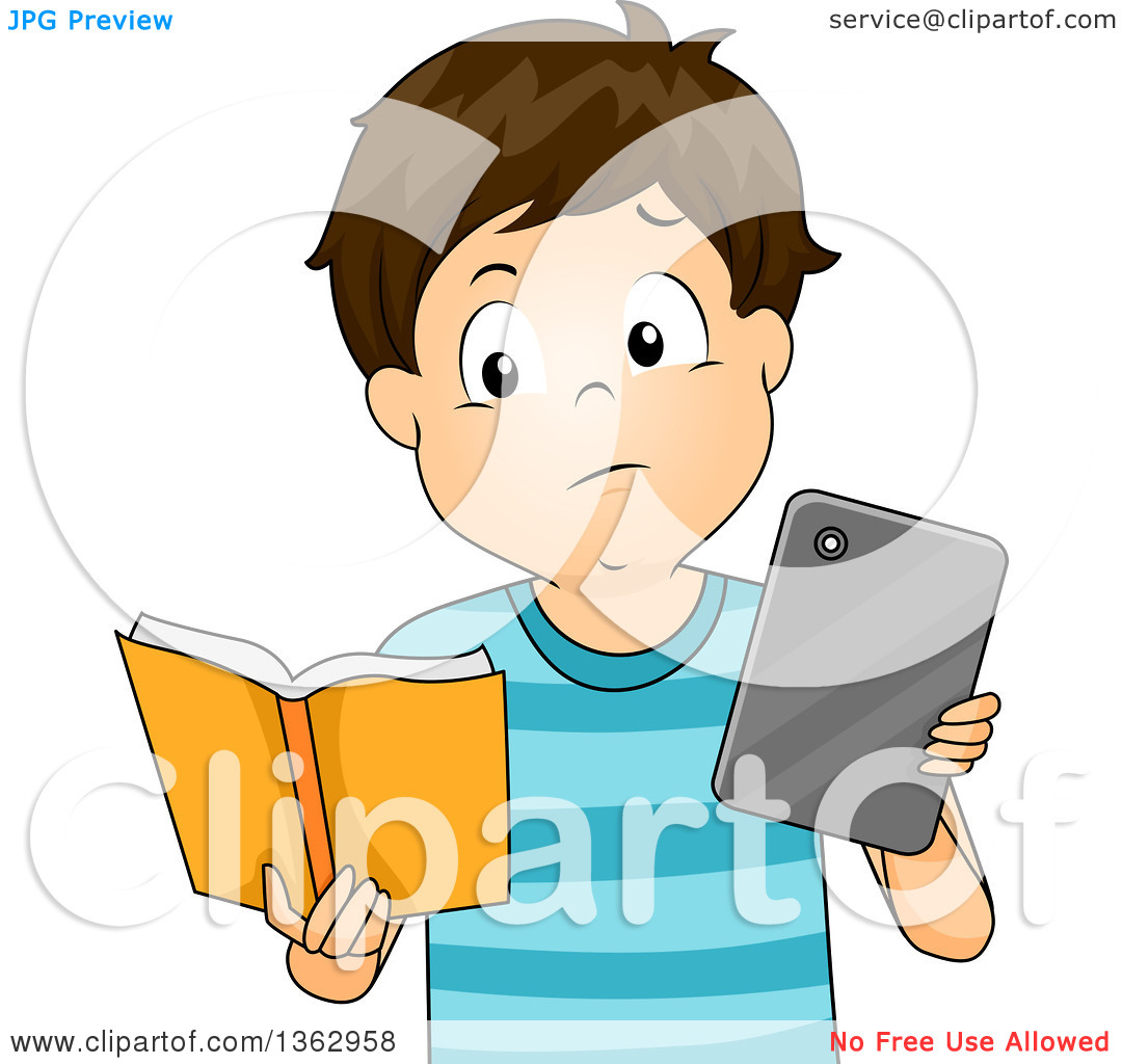 Clipart of a Brunette White Boy Comparing a Tablet or E Reader to.