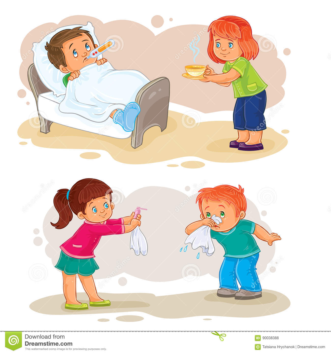 Set Icons Little Boy Sick And Compassionate Girl Stock Illustration.