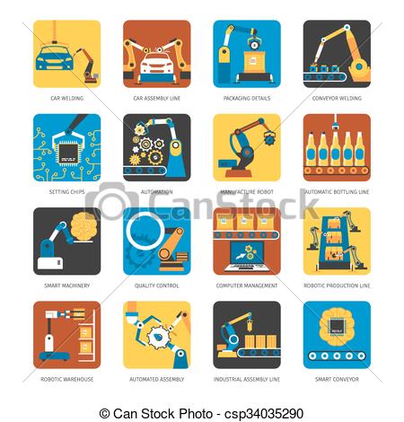 EPS Vectors of Industrial Assembly Line Flat Icons Set.