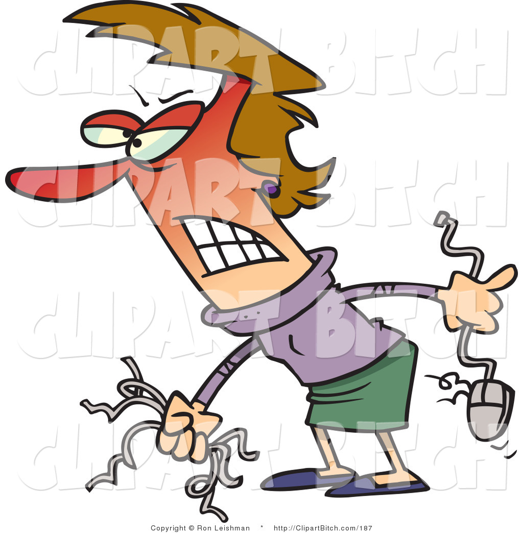 Clip Art of a Frustrated Woman Holding Ripped Computer Wires and a.
