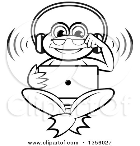 Clipart of a Cartoon Black and White Frog Wearing Headphones and.