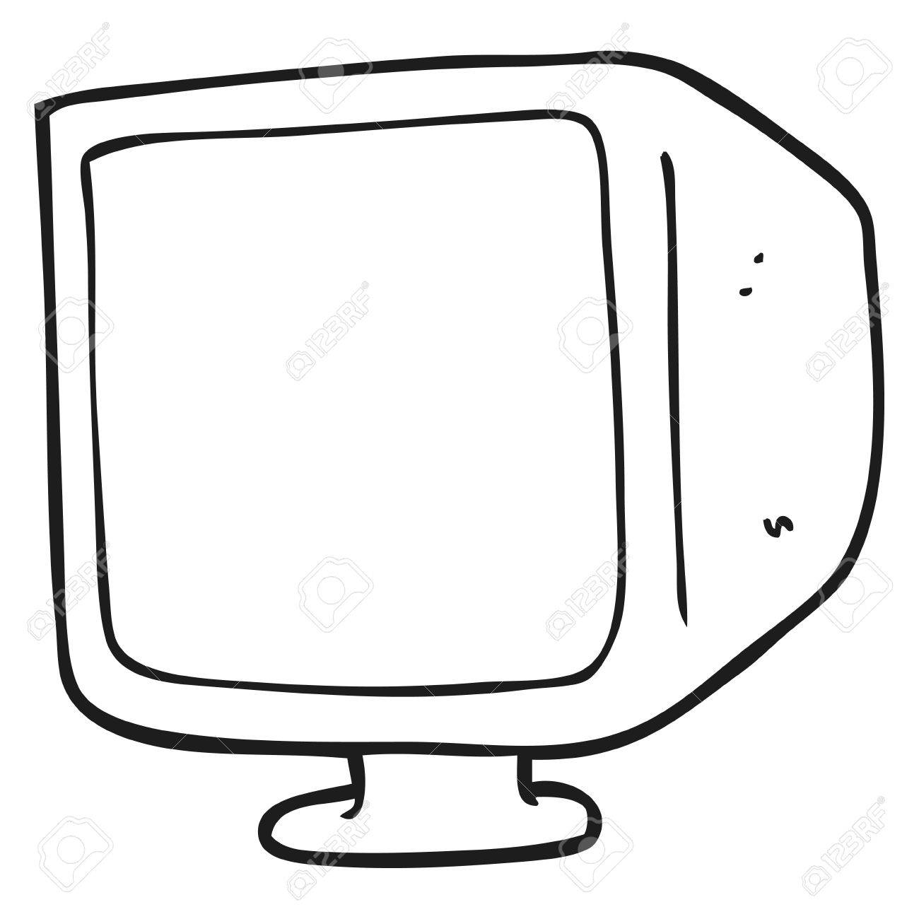 freehand drawn black and white cartoon old computer monitor.