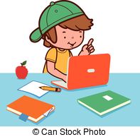 Three kids doing research on computer in the room clipart vector.