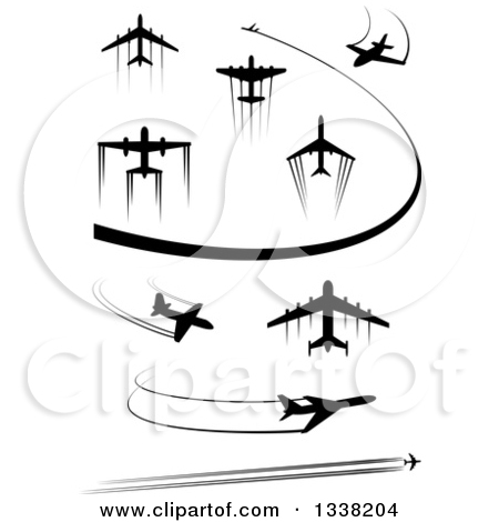 Clipart of Black Silhouetted Airplanes and Contrails 2.