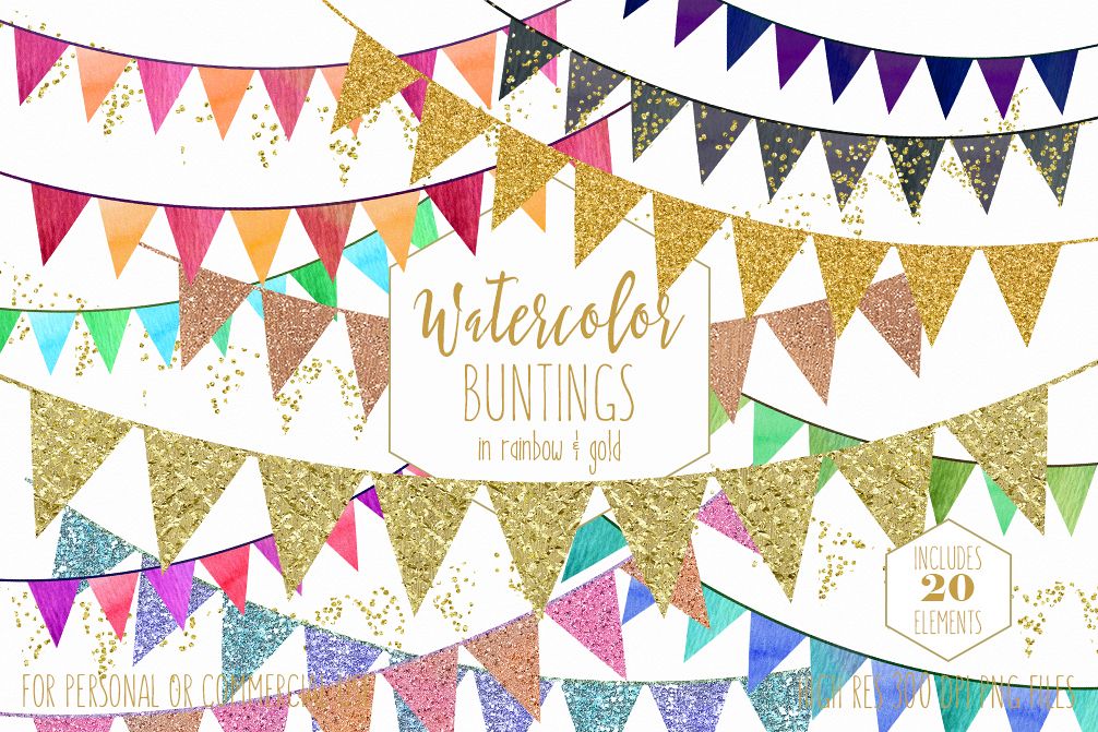 GOLD BUNTING BANNER Clipart Rainbow Watercolor Pennant Flag Banners & Gold  Glitter Confetti Birthday Party Graphics.