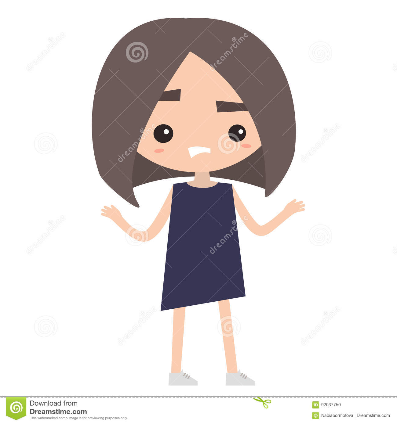 Cute Confused Girl Is Shrugging Her Shoulders Stock Illustration.