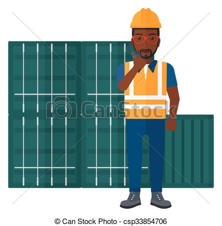 Vector Clipart of Stevedore standing on cargo containers.