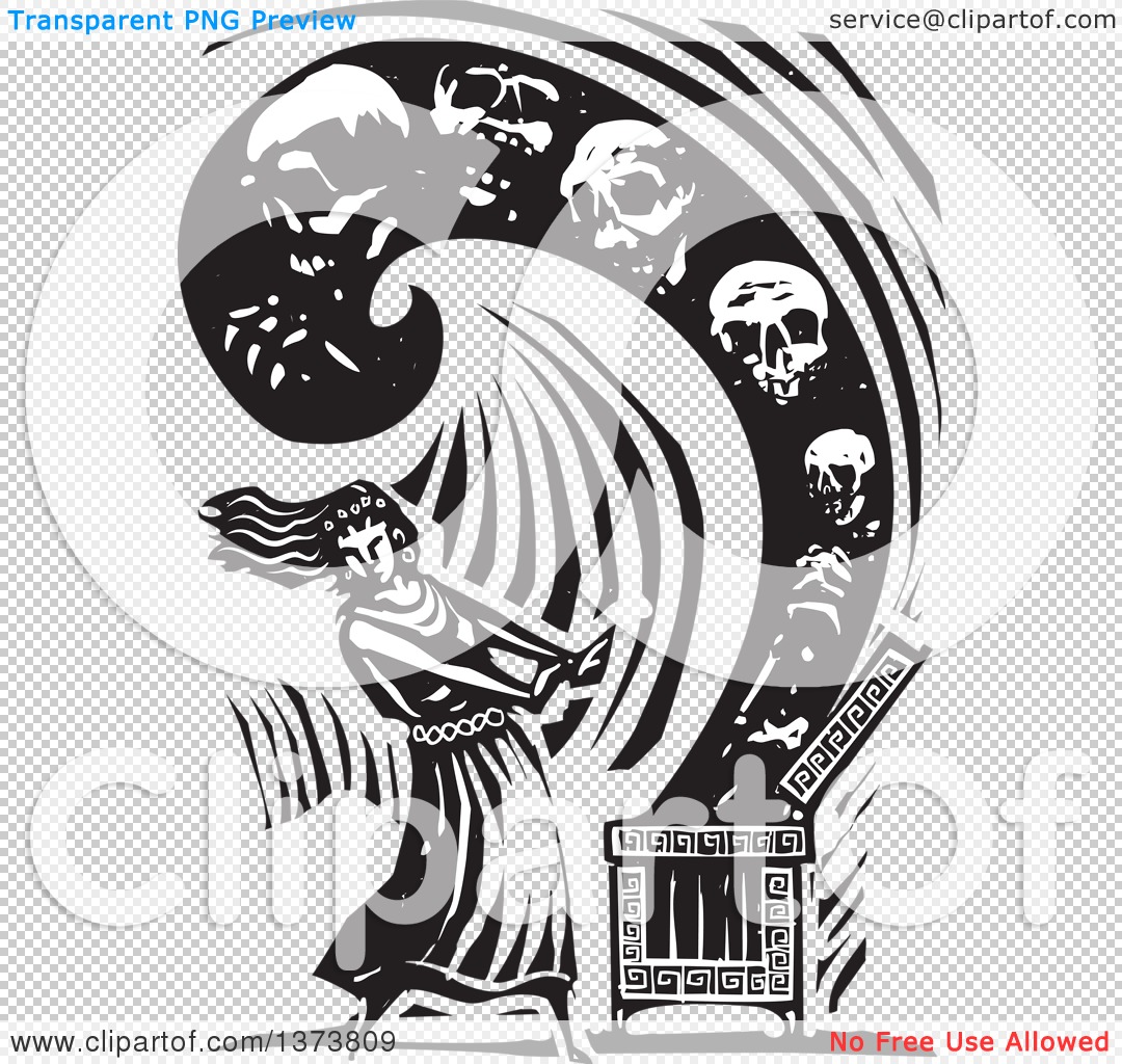 Clipart of a Black and White Woodcut Scene of Pandora Opening a.