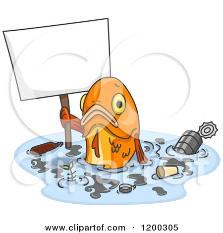 Cartoon of a Sad Fish Holding a Sign in Polluted Water.