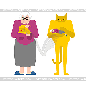 Grandmother and cat contrary. Granny strokes pet..