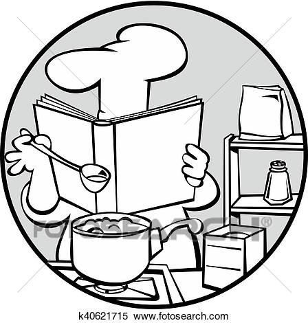Chef preparing soup and reading recipe cookbook. Clipart.