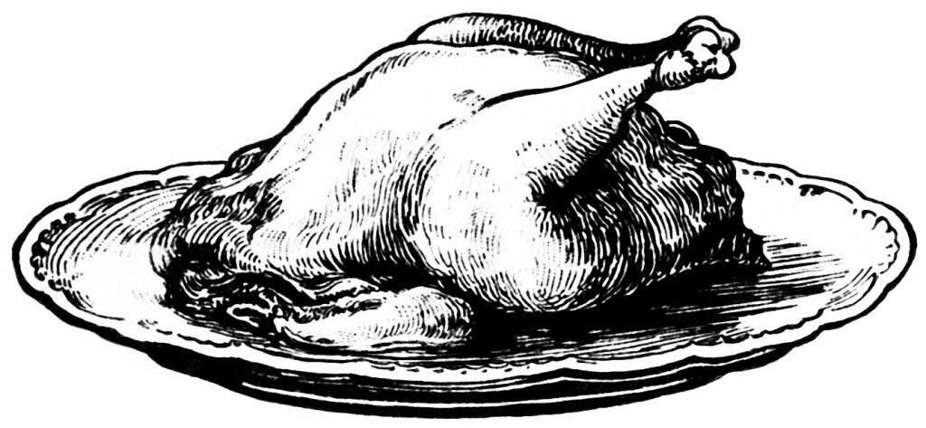 free vintage image, cooked turkey on platter, cooked chicken.