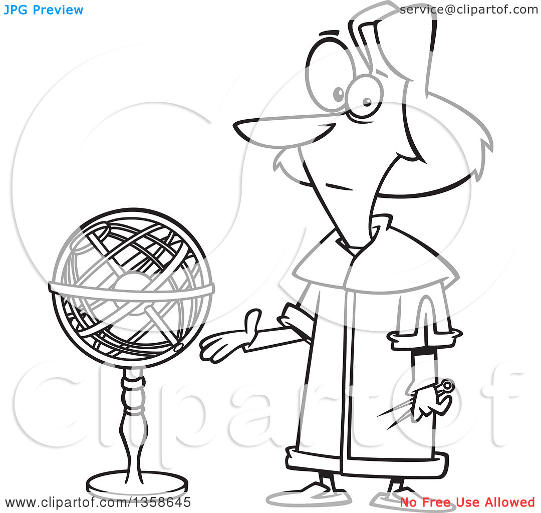 Lineart Clipart of a Cartoon Black and White Astronomer, Nicolaus.