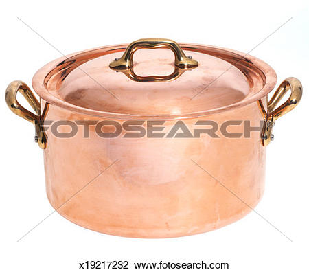 Stock Photo of Large copper colored pot with brass colored handles.