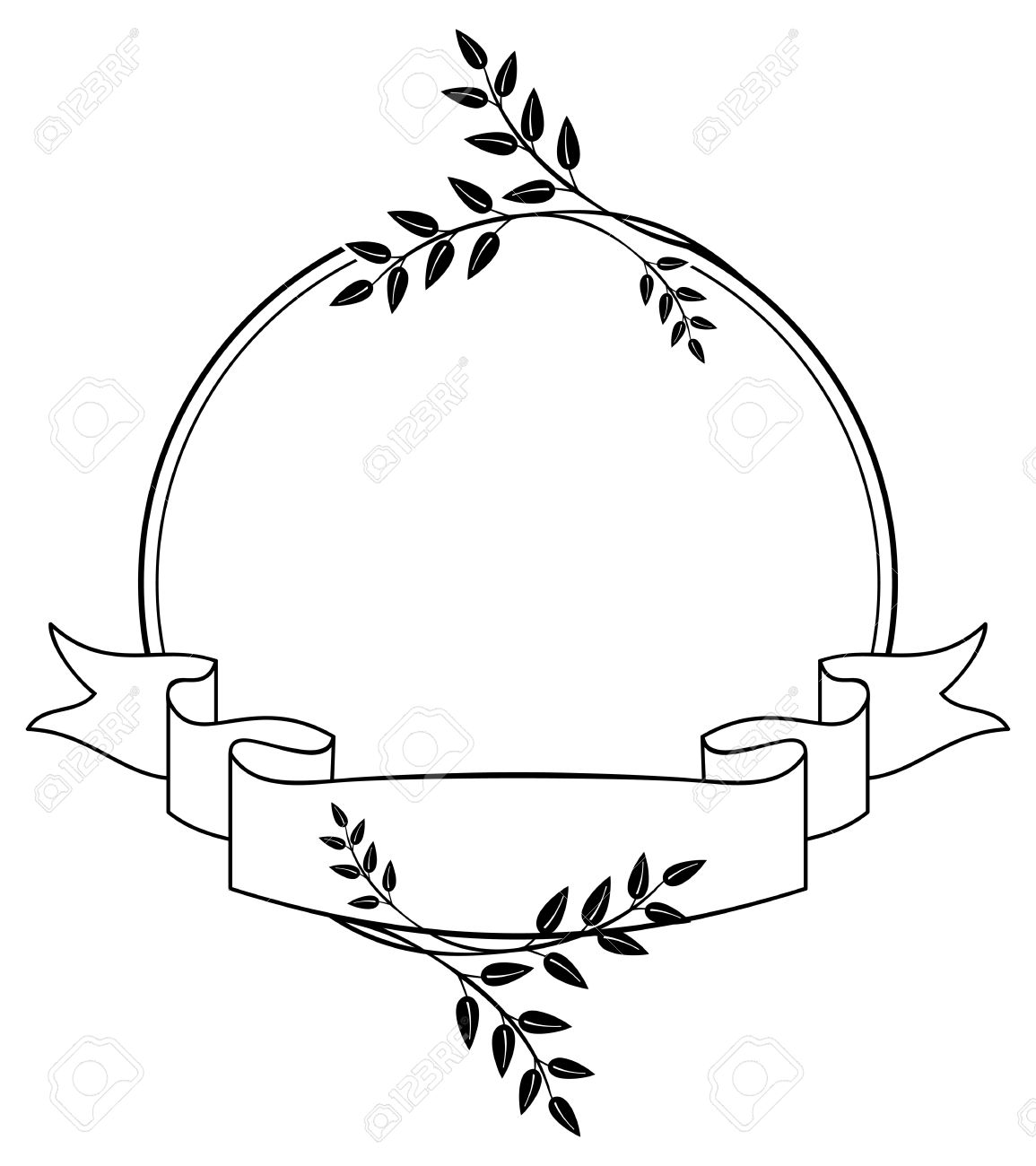 Black And White Round Frame With Floral Silhouettes. Copy Space.