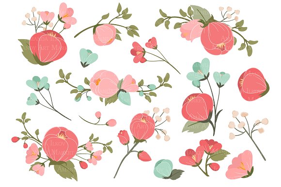 Mint & Coral Flowers Clipart ~ Illustrations on Creative Market.