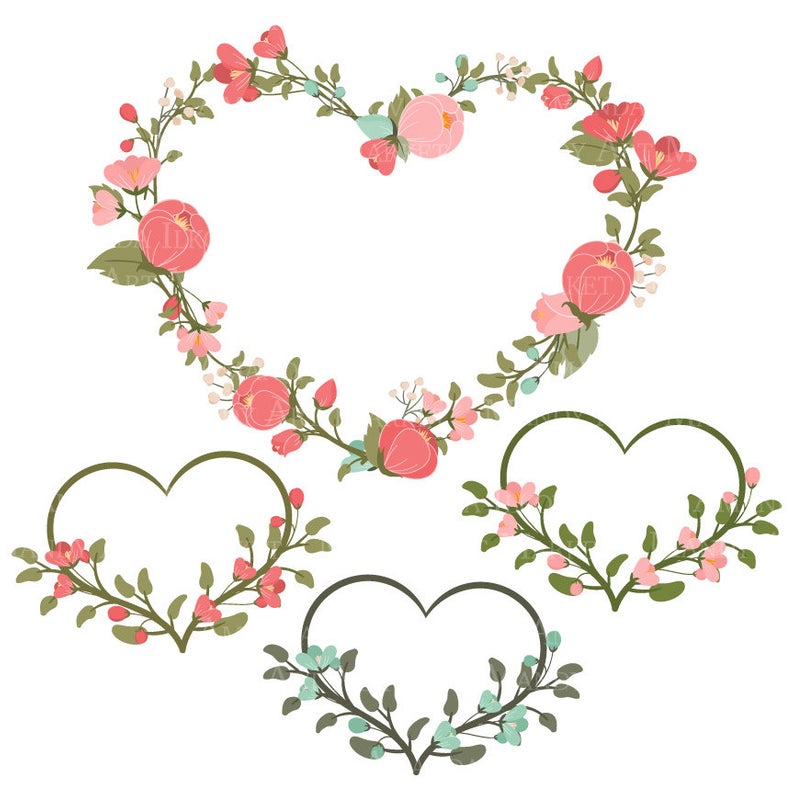 Emma Floral Heart Clipart & Vectors in Mint and Coral.