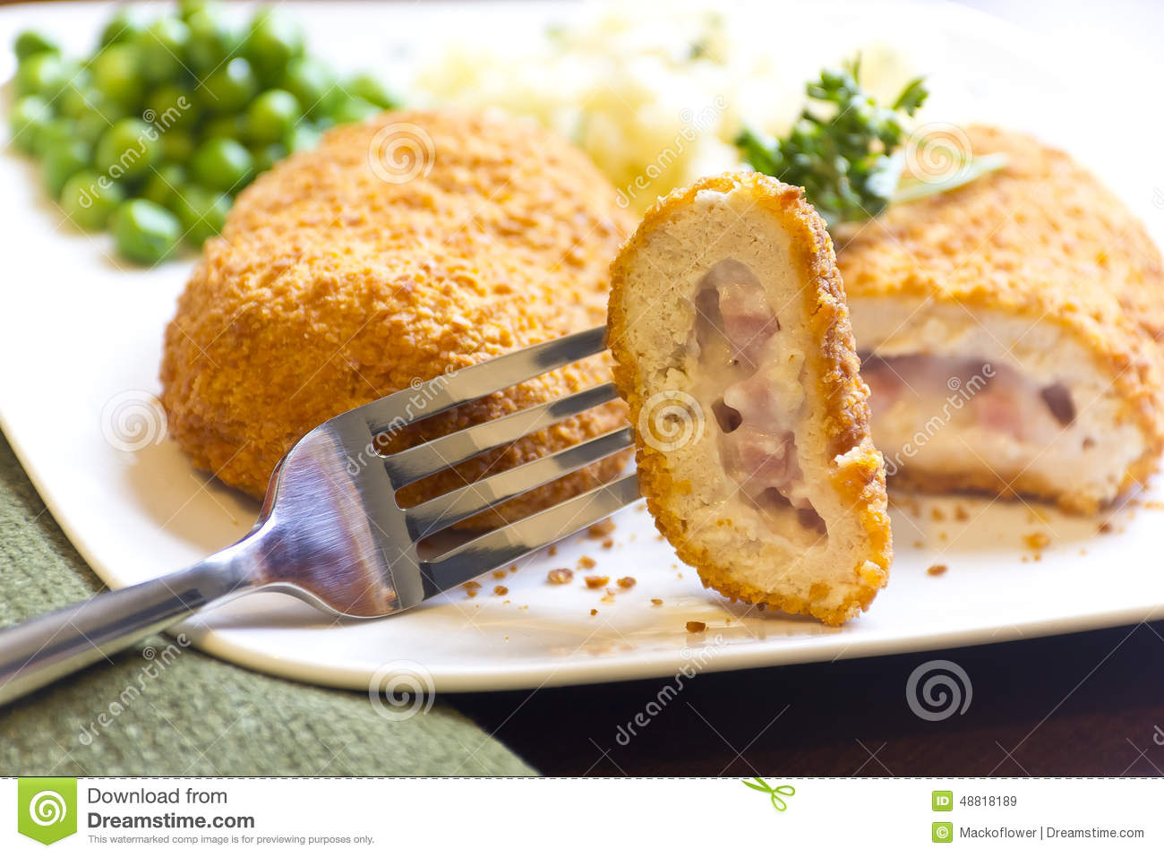 Stuffed Chicken Cordon Bleu Stock Photo.