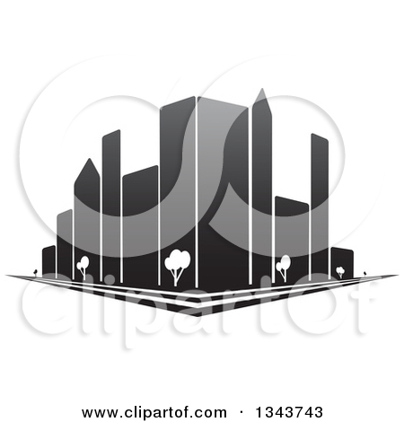 Clipart of a Grayscale City Building on a Corner, with Trees.
