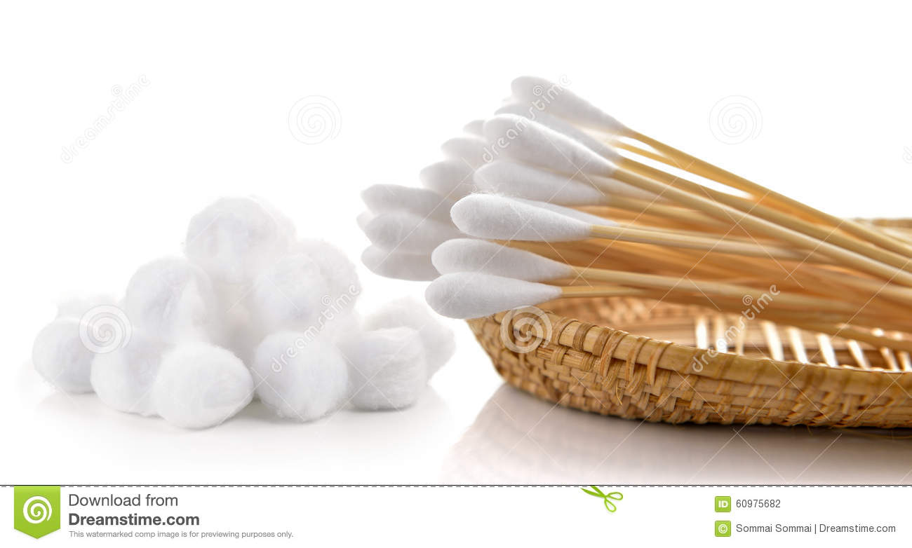 Cotton Bud And Cotton Wool In The Basket Stock Photo.