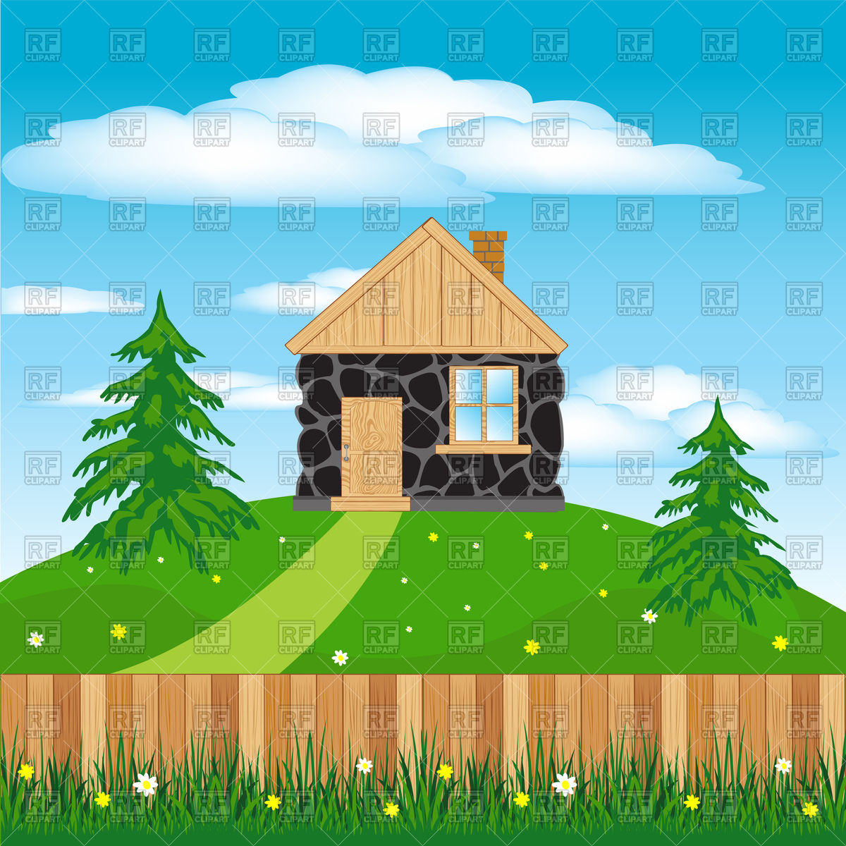 Log cabin and wooden fence.