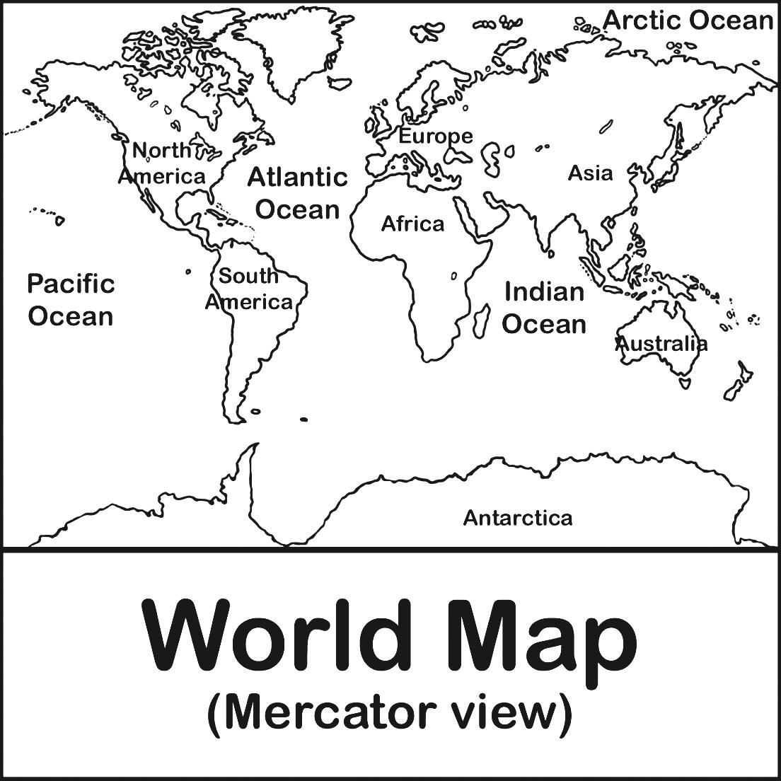 Flat map of the world outline with country names clipart.
