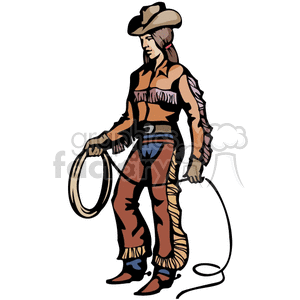 A Cowgirl with Leather Chaps and Hat Holding her Rope clipart. Royalty.