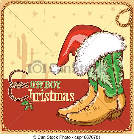 Cowboy christmas card with american boots and Santa hat.
