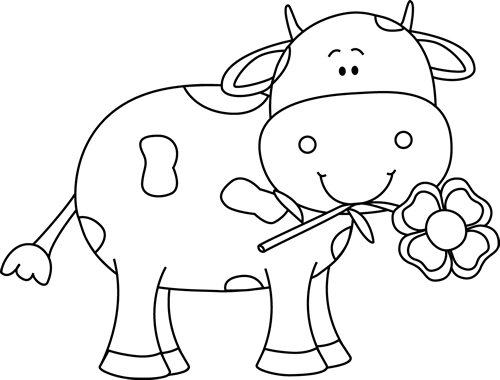 Black and White Cow with a Flower in its Mouth Clip Art.