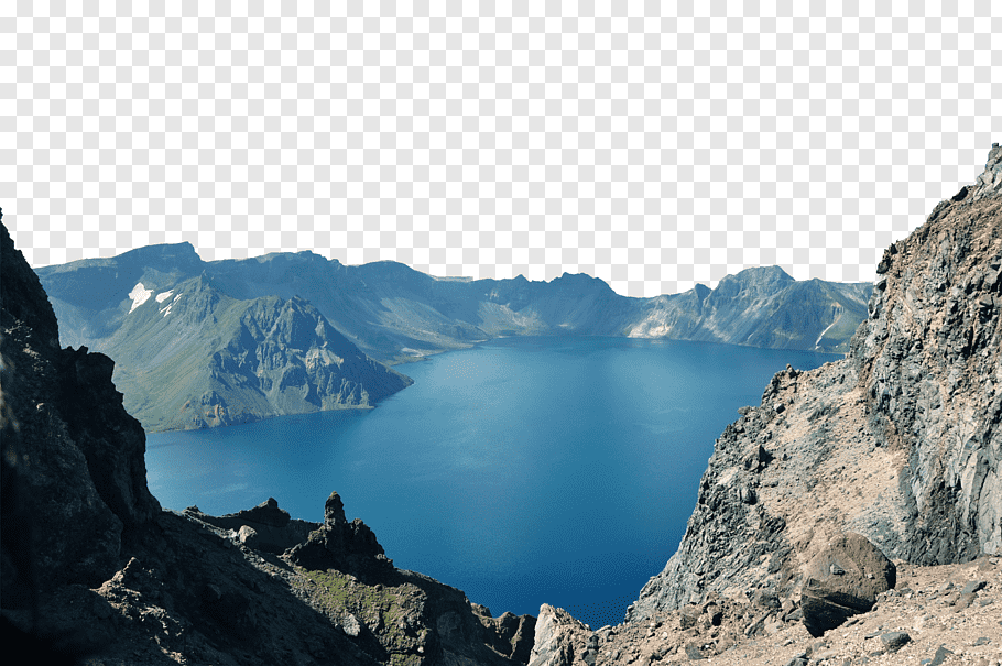 Body of water surrounded by brown and mountains, Heaven Lake.