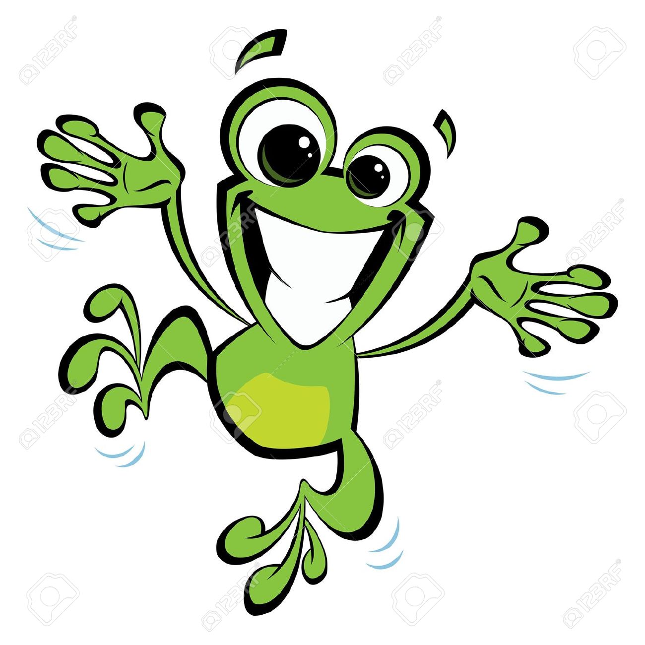 Happy Cartoon Green Smiling Frog Jumping Excited And Spreading.