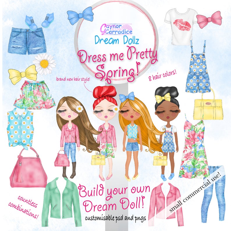 Spring clipart Create your own Dream Doll clipart fashion girl clip art  Planner graphics Customisable cute girls Outfits Stickers Top knot.