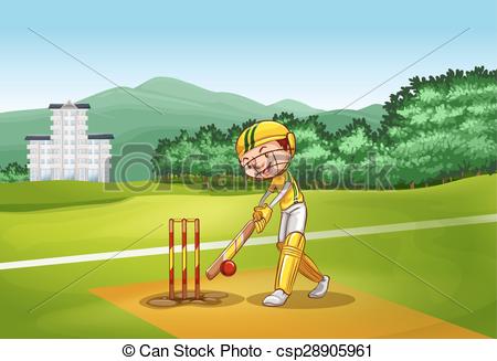 Clip Art Vector of Boy playing cricket on pitch illustration.