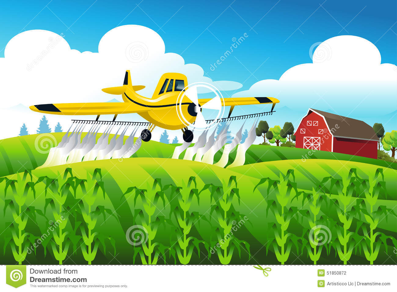 Crop Duster Flying Over A Field Stock Vector.