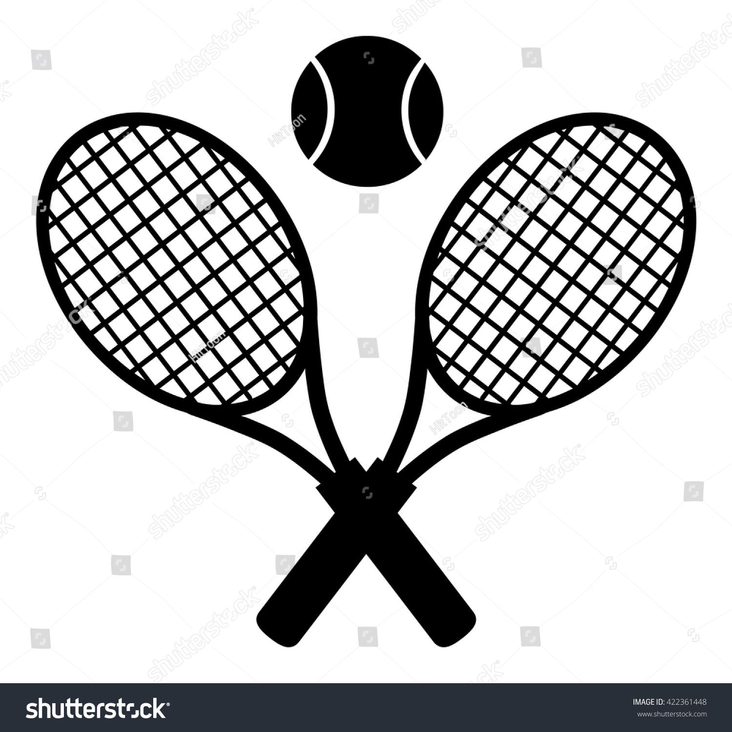 Crossed Racket And Tennis Ball Black Silhouette. Vector.